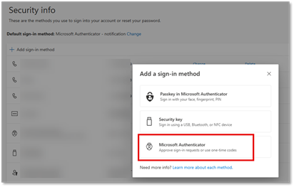 Add a sign in method scren with "Microsoft Authenticator" option selected.