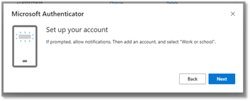 Microsoft Authenticator dialog screen with "Set up your account" message shown.