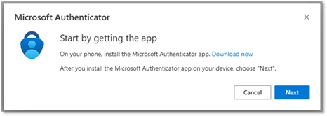 Microsoft Authenticator screen with "Start by getting the app" message displayed.