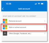 Phone authenticator app "Add Account" screen with "Work or school account" highlighted.
