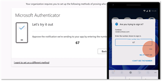 Microsoft Authenticator screen with "Let's try it out" message displayed next to a phone screen displaying the Microsoft Authenticator app with the option "Yes" highlighted.