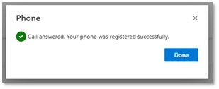 Phone dialog screen with "Call answered. Your phone was registered successfully." message shown