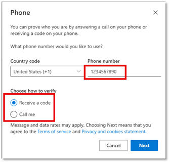 Phone dialog screen with "phone number" highlighted and "Choose how to verify" set to "Receive a code"