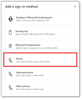 Add a sign-in method screen with "Phone" option selected