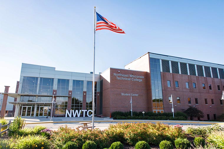 Flag flies over NWTC campus entrance