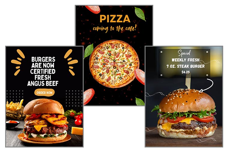 Weekly specials collage of burgers and pizza