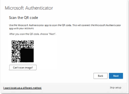 Microsoft Authenticator dialog screen with "Scan the QR code" message displayed.