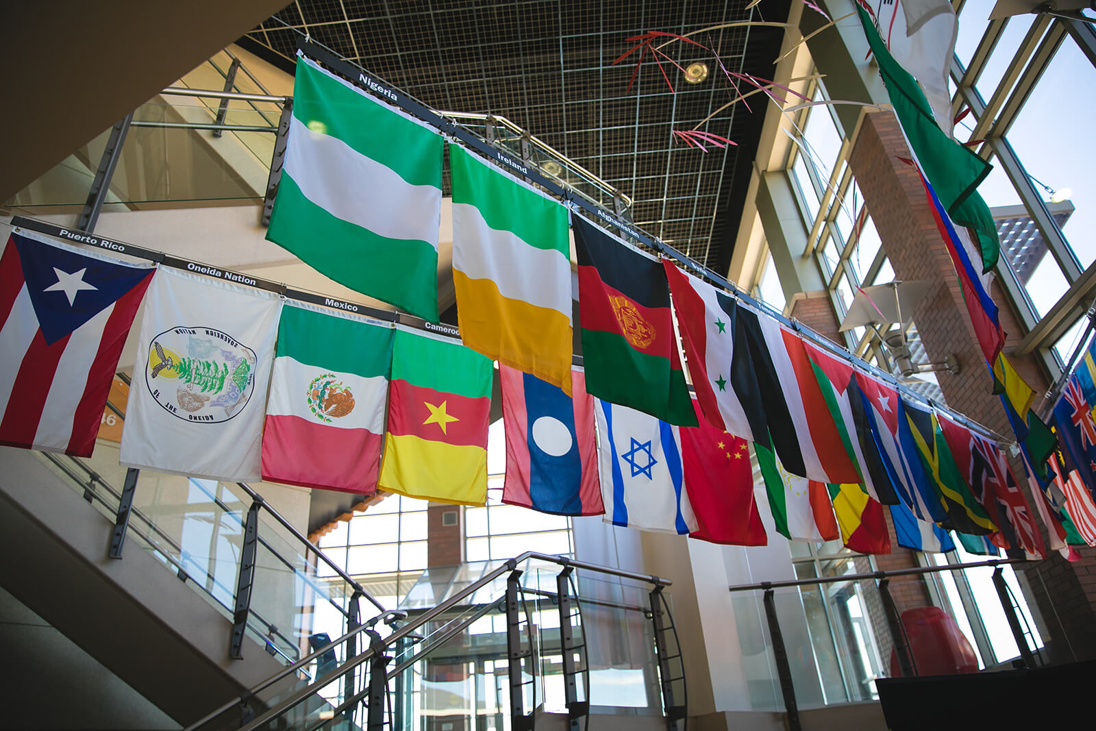 International flags hang in NWTC Welcome Center